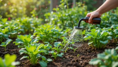 Close-up of dry vegetable garden soil with finger test showing when plants need water