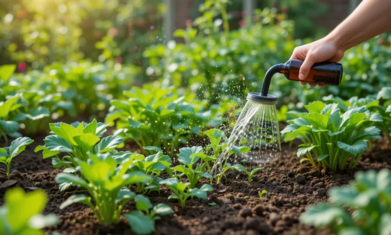 Close-up of dry vegetable garden soil with finger test showing when plants need water